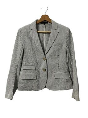Theory Women’s 8 Blue Seersucker Blazer Tailored Cotton Peak Lapel Jacket